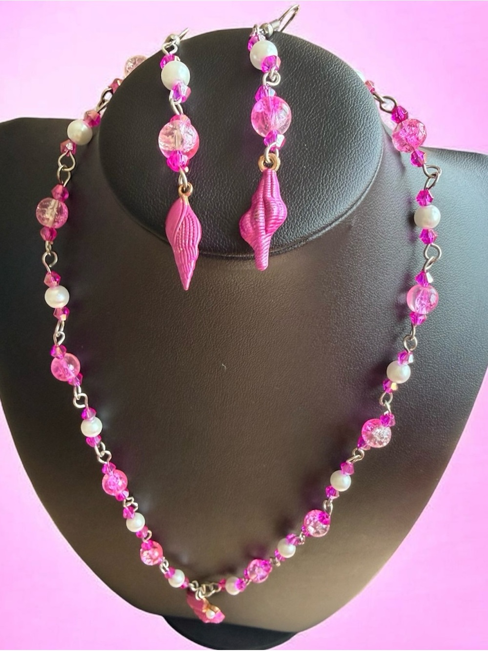 Handmade Pink Bead Necklace & Earrings Set